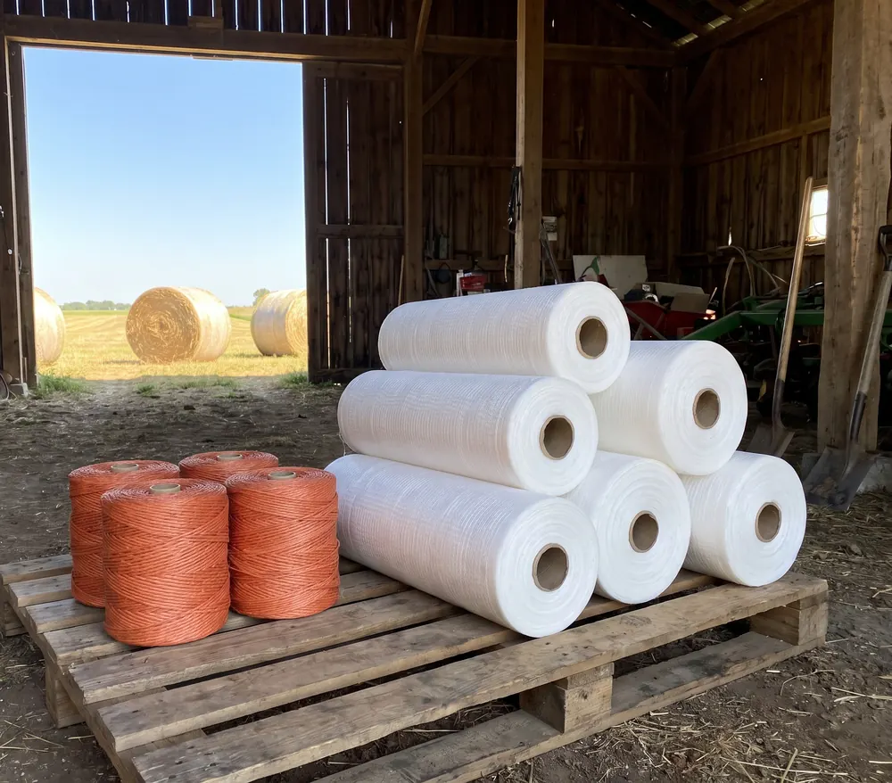 Rollos de malla y bobinas de hilo sobre un pallet en un galpón de campo