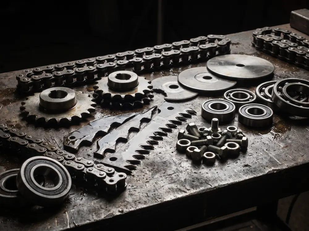 Cadenas, piñones, discos y rodamientos sobre una mesa de taller